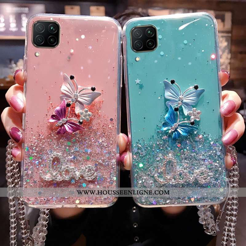 Étui Huawei P40 Lite Mode Luxe Cou Suspendu Membrane Cristal Tempérer Incruster Strass Rose