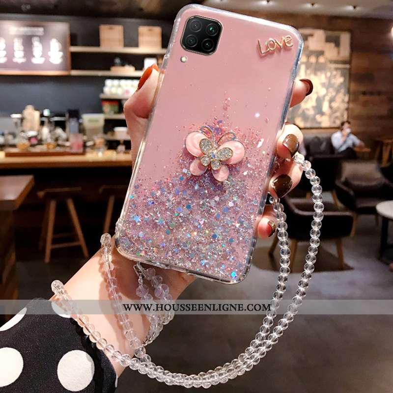 Étui Huawei P40 Lite Mode Luxe Cou Suspendu Membrane Cristal Tempérer Incruster Strass Rose
