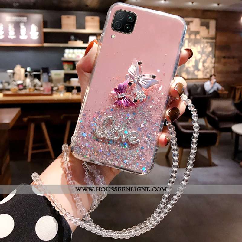 Étui Huawei P40 Lite Mode Luxe Cou Suspendu Membrane Cristal Tempérer Incruster Strass Rose