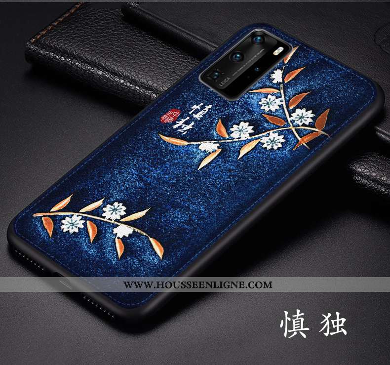 Étui Huawei P40 Pro Gaufrage Tendance Téléphone Portable Bleu Marin Style Chinois Protection Art Ble