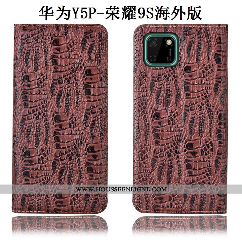 Étui Huawei Y5p Modèle Fleurie Protection Cuir Véritable Housse Téléphone Portable Incassable Marron
