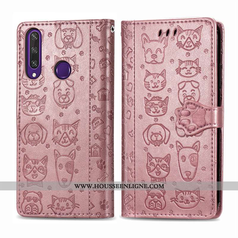 Étui Huawei Y6p Cuir Protection Violet Téléphone Portable Chat Chiens