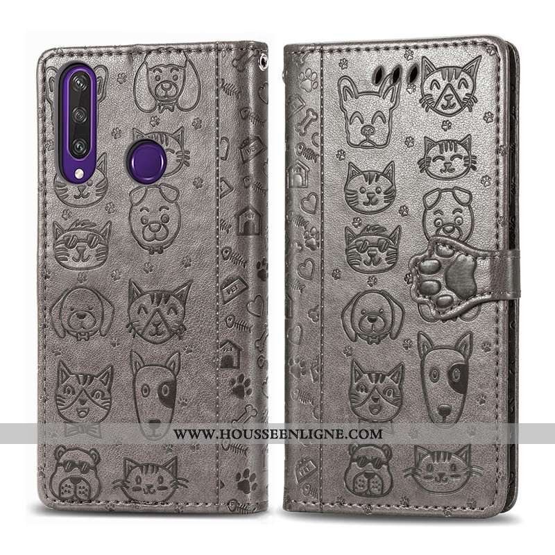 Étui Huawei Y6p Cuir Protection Violet Téléphone Portable Chat Chiens