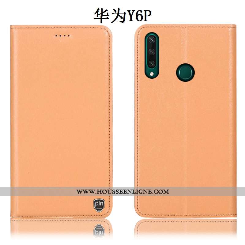 Étui Huawei Y6p Protection Cuir Véritable Jaune Housse Incassable Téléphone Portable Coque