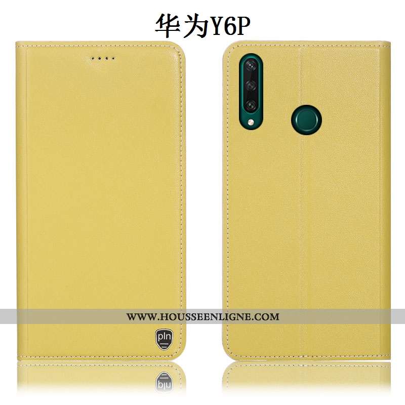 Étui Huawei Y6p Protection Cuir Véritable Jaune Housse Incassable Téléphone Portable Coque