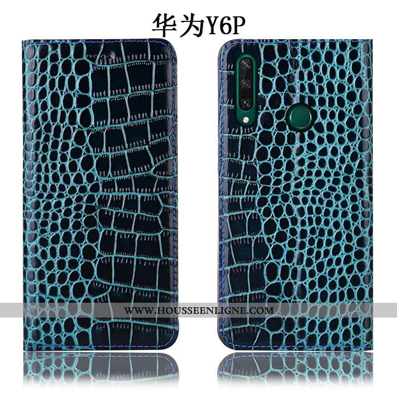 Étui Huawei Y6p Protection Cuir Véritable Téléphone Portable Bleu Coque Incassable