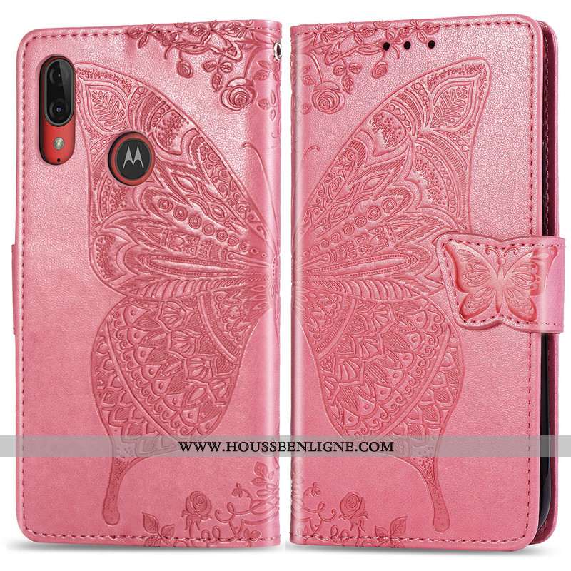 Étui Moto E6 Plus Protection Ornements Suspendus Téléphone Portable Cuir Couleur Unie Fleur Gaufrage
