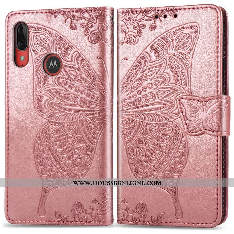 Étui Moto E6 Plus Protection Ornements Suspendus Téléphone Portable Cuir Couleur Unie Fleur Gaufrage