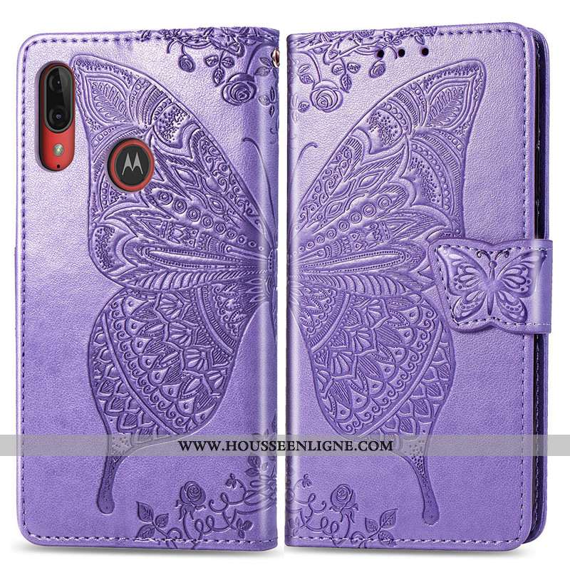 Étui Moto E6 Plus Protection Ornements Suspendus Téléphone Portable Cuir Couleur Unie Fleur Gaufrage
