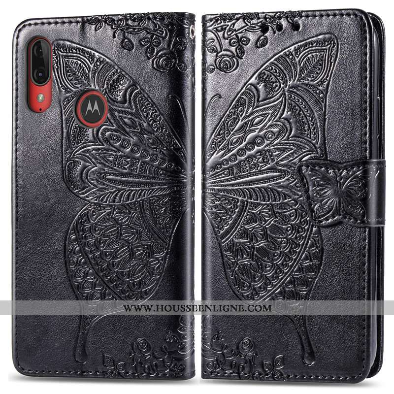 Étui Moto E6 Plus Protection Ornements Suspendus Téléphone Portable Cuir Couleur Unie Fleur Gaufrage