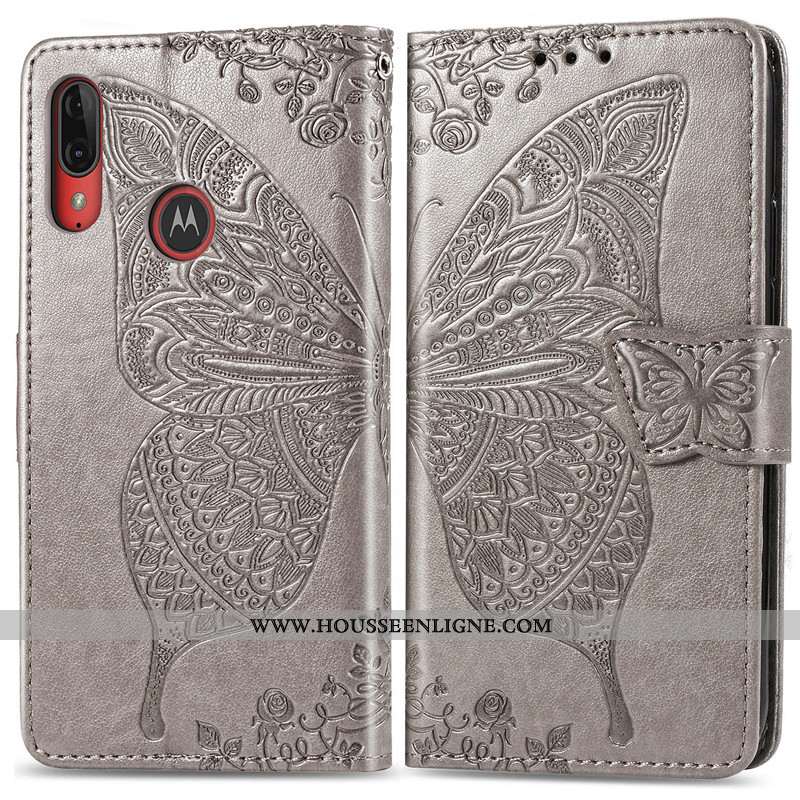 Étui Moto E6 Plus Protection Ornements Suspendus Téléphone Portable Cuir Couleur Unie Fleur Gaufrage