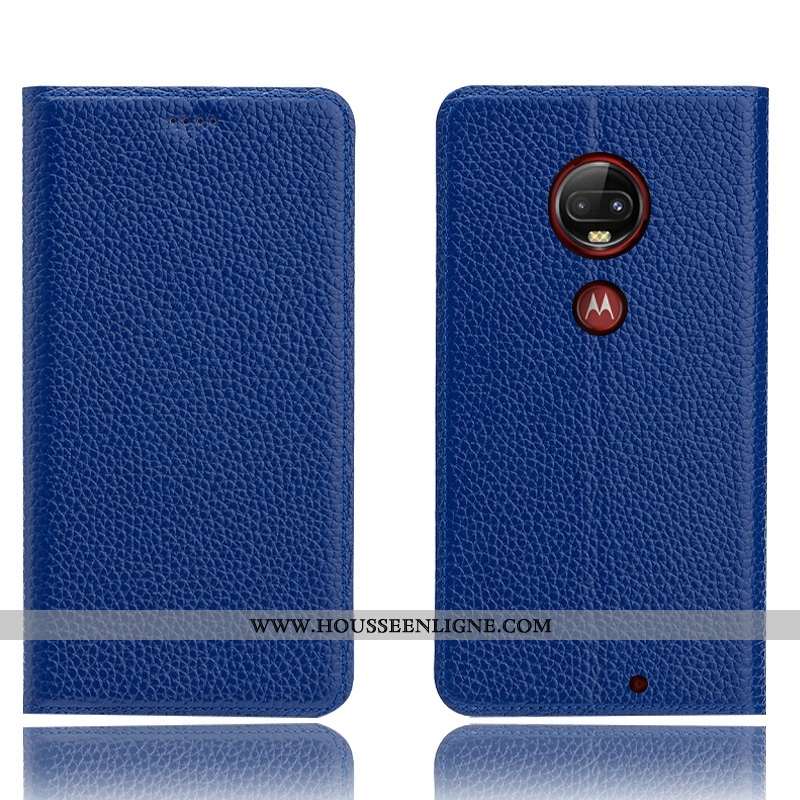 Étui Moto G7 Plus Cuir Véritable Modèle Fleurie Incassable Coque Téléphone Portable Protection Bleu