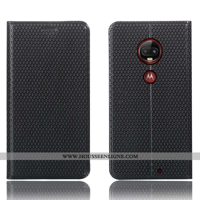 Étui Moto G7 Plus Cuir Véritable Protection Téléphone Portable Noir Coque Incassable