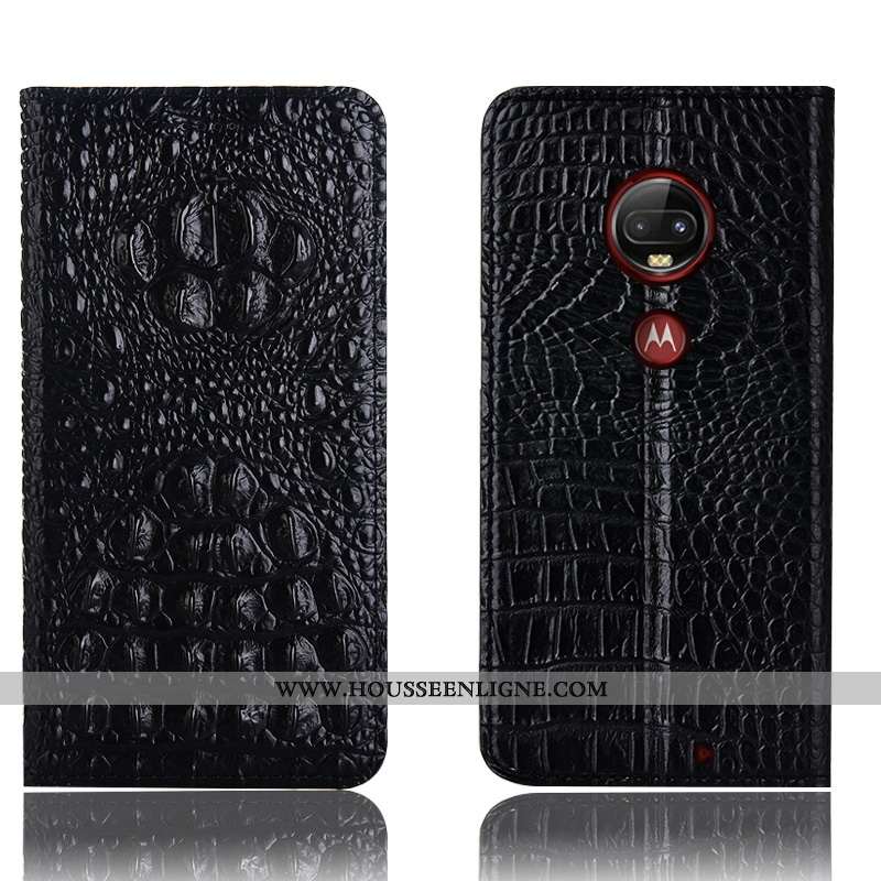 Étui Moto G7 Plus Protection Cuir Véritable Téléphone Portable Crocodile Noir Housse Incassable