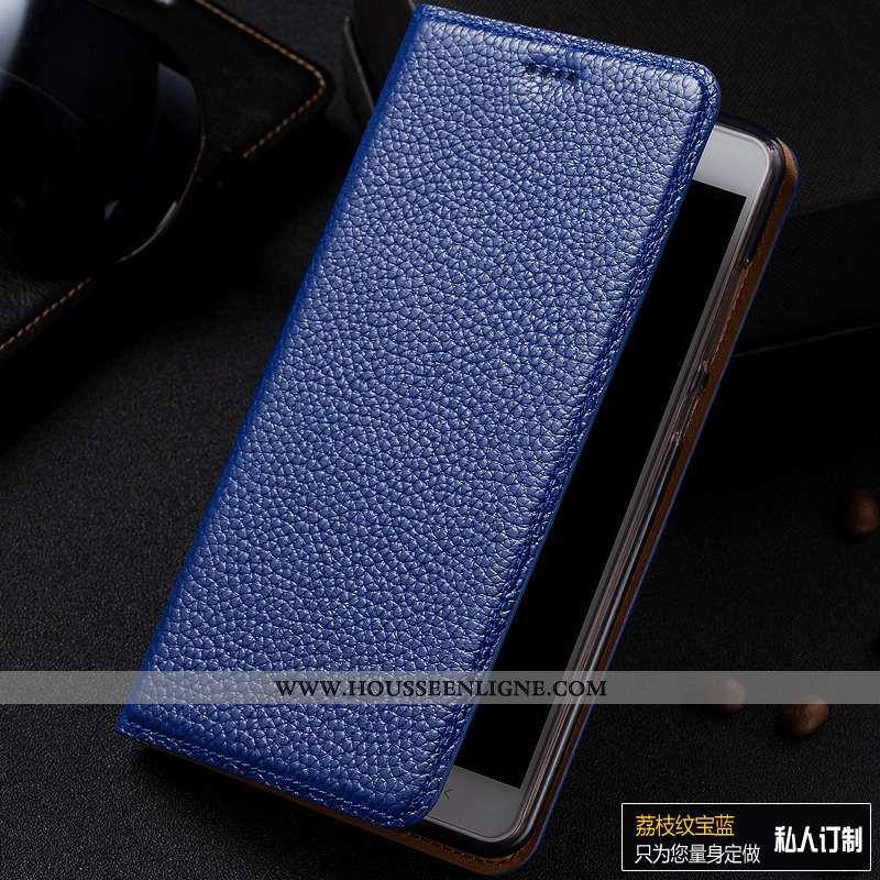 Étui Moto G7 Power Protection Cuir Véritable Bleu Marin Modèle Fleurie Europe Litchi Bleu Foncé