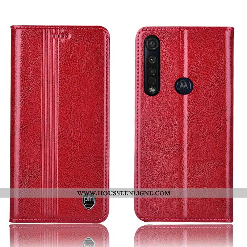 Étui Moto G8 Plus Cuir Véritable Protection Tout Compris Coque Housse Téléphone Portable Rouge