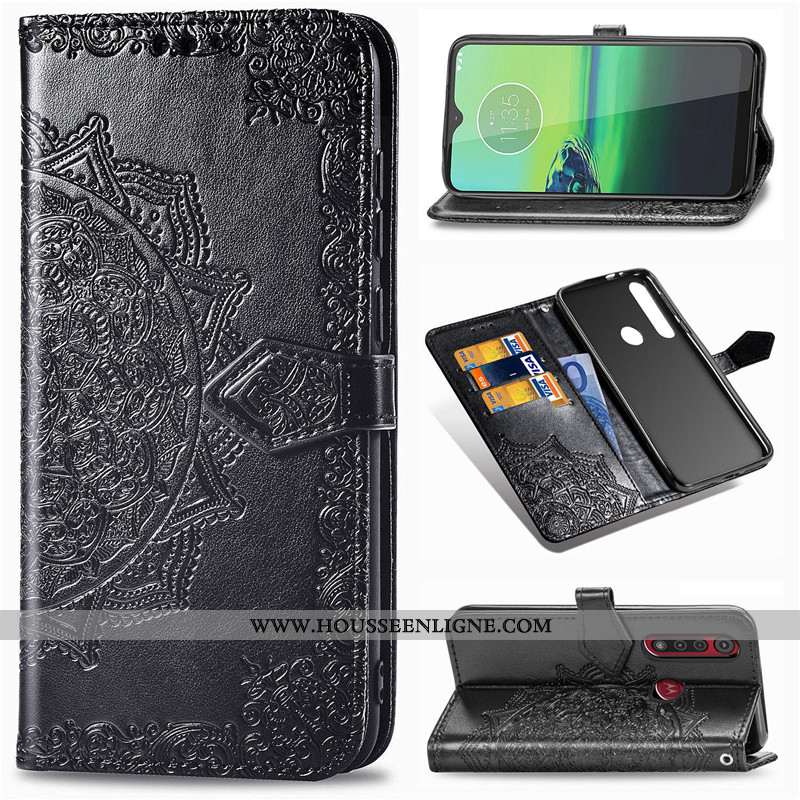Étui Moto G8 Plus Gaufrage Cuir Protection Housse En Relief Coque Noir