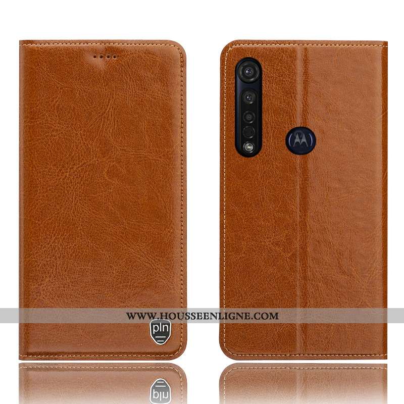 Étui Moto G8 Plus Protection Cuir Véritable Coque Téléphone Portable Modèle Fleurie Housse Orange