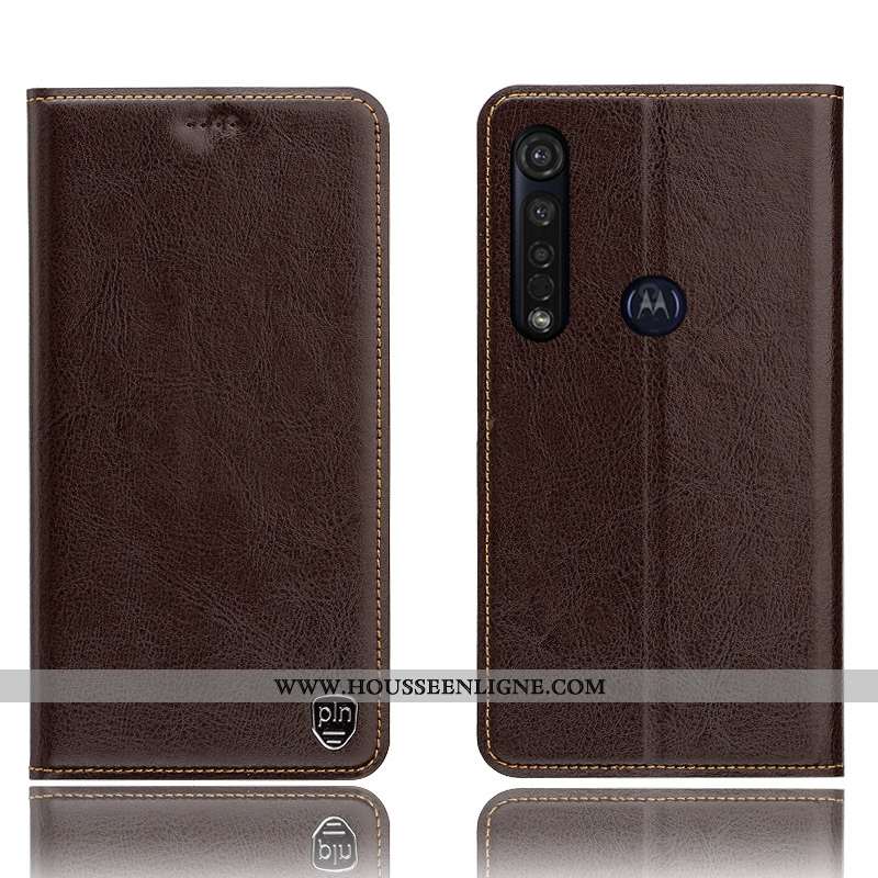 Étui Moto G8 Plus Protection Cuir Véritable Coque Téléphone Portable Modèle Fleurie Housse Orange