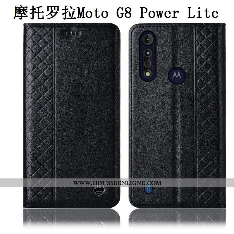 Étui Moto G8 Power Lite Cuir Cuir Véritable Incassable Téléphone Portable Coque Bleu