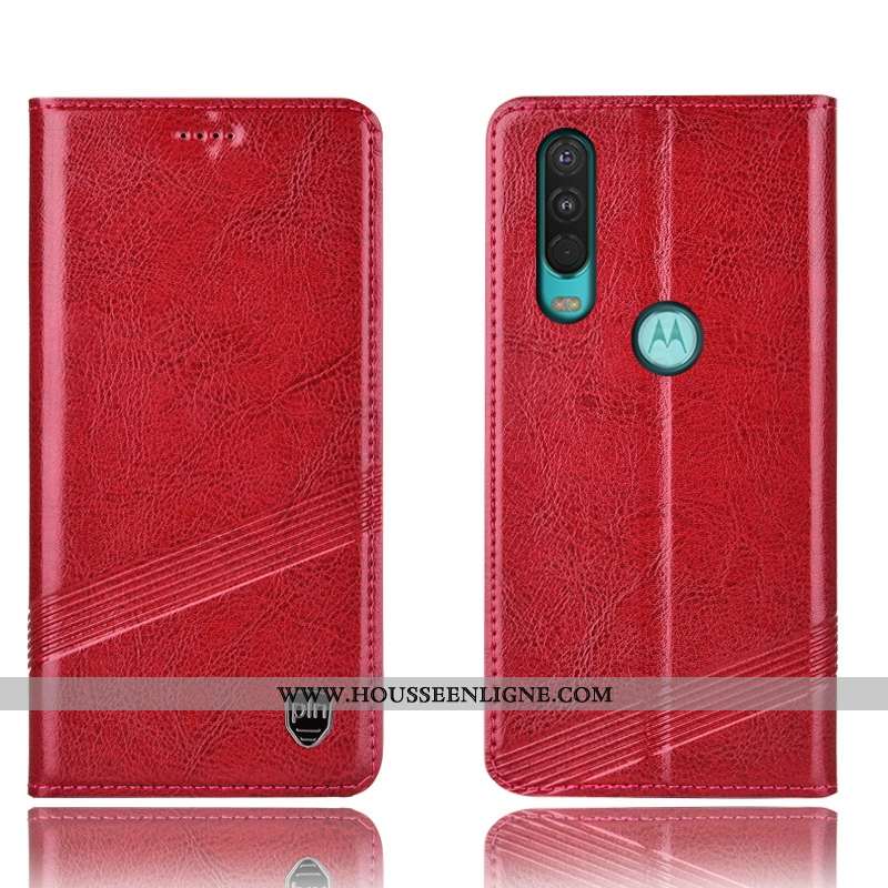 Étui Motorola One Action Protection Cuir Véritable Rouge Incassable Téléphone Portable Housse Coque