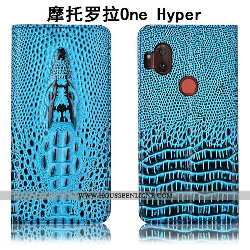 Étui Motorola One Hyper Protection Cuir Véritable Incassable Bleu Crocodile Housse
