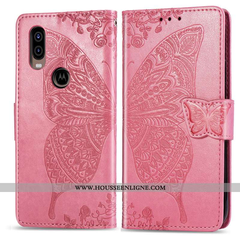 Étui Motorola One Vision Ornements Suspendus Gaufrage Papillon Rose Fleur Protection