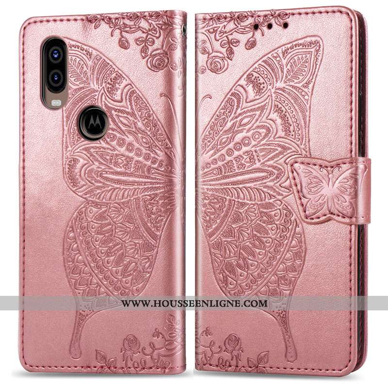 Étui Motorola One Vision Ornements Suspendus Gaufrage Papillon Rose Fleur Protection