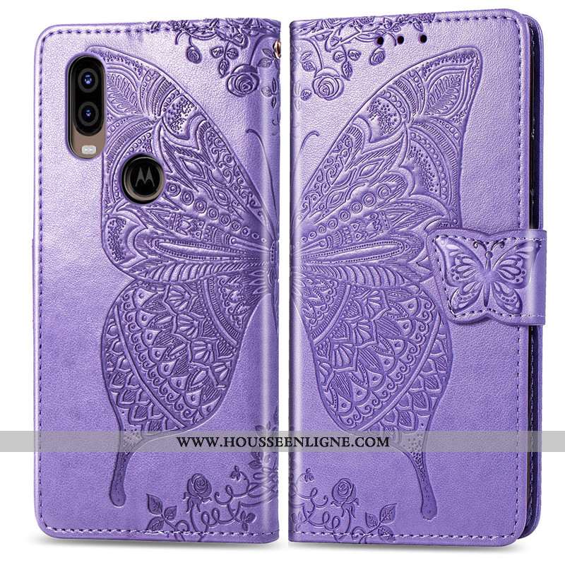 Étui Motorola One Vision Ornements Suspendus Gaufrage Papillon Rose Fleur Protection