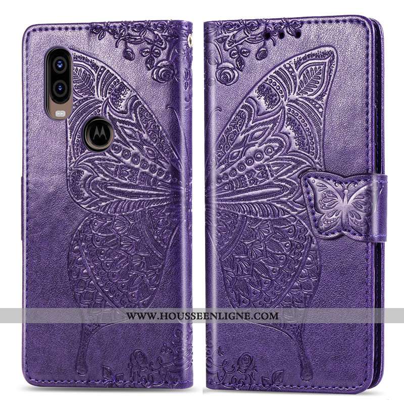 Étui Motorola One Vision Ornements Suspendus Gaufrage Papillon Rose Fleur Protection