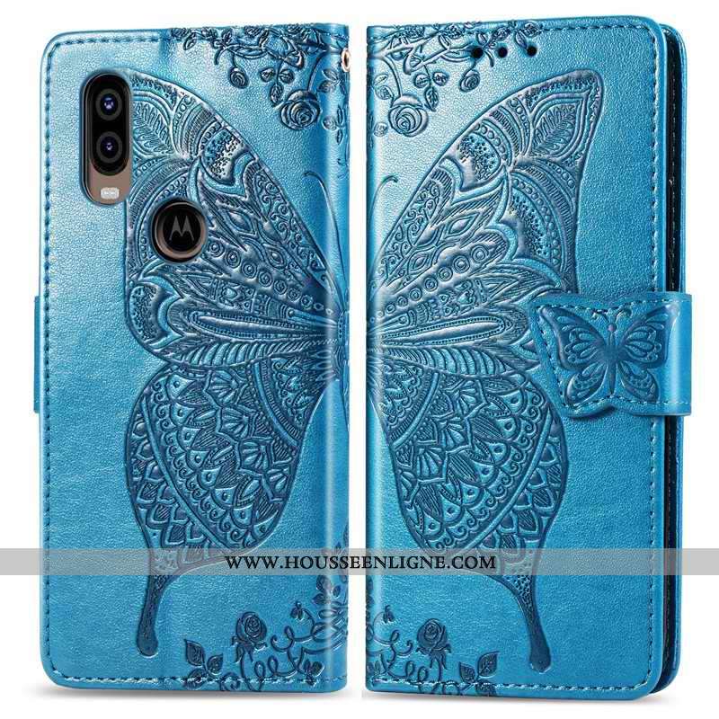 Étui Motorola One Vision Ornements Suspendus Gaufrage Papillon Rose Fleur Protection