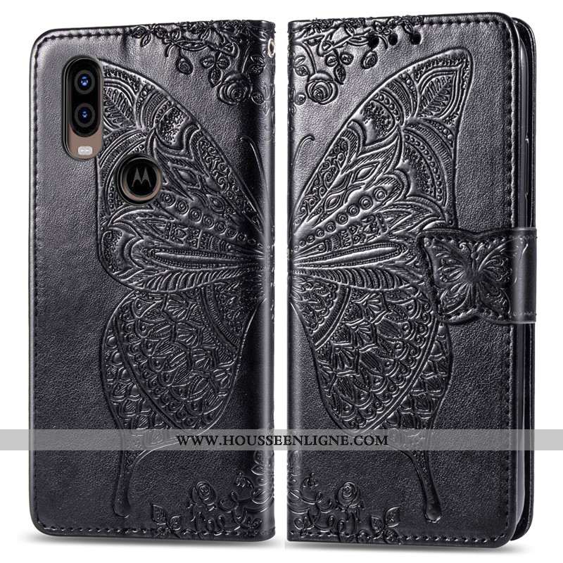 Étui Motorola One Vision Ornements Suspendus Gaufrage Papillon Rose Fleur Protection