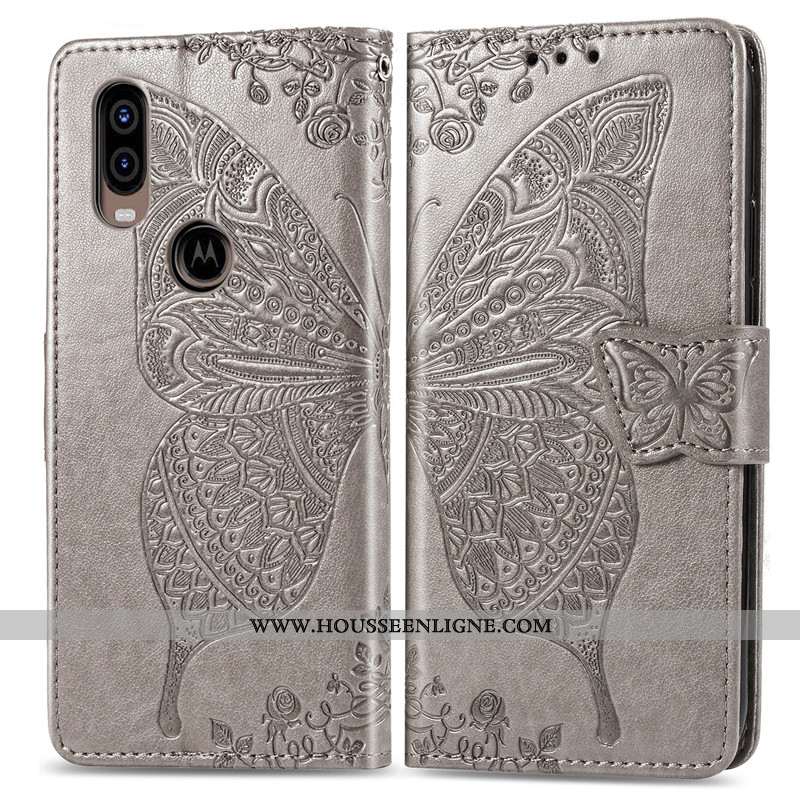 Étui Motorola One Vision Ornements Suspendus Gaufrage Papillon Rose Fleur Protection
