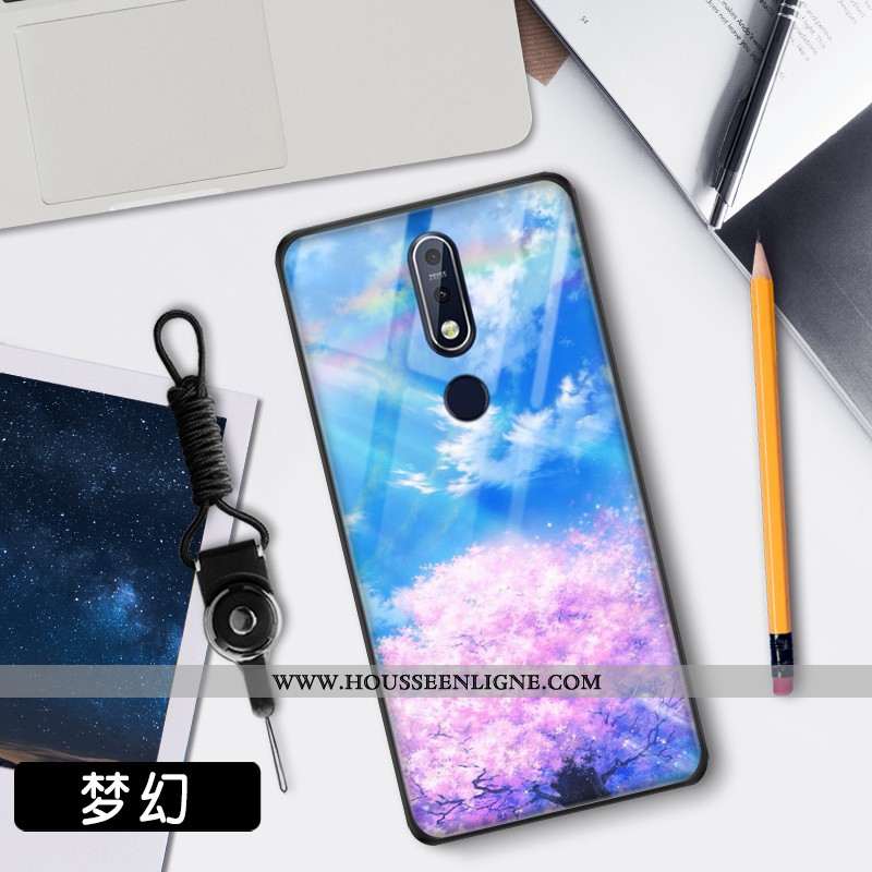 Étui Nokia 7.1 Verre Tendance Clair Téléphone Portable Net Rouge Protection Bleu