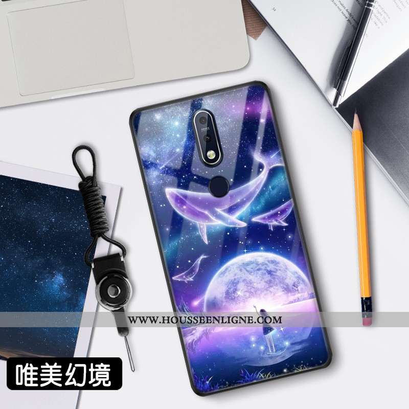 Étui Nokia 7.1 Verre Tendance Clair Téléphone Portable Net Rouge Protection Bleu
