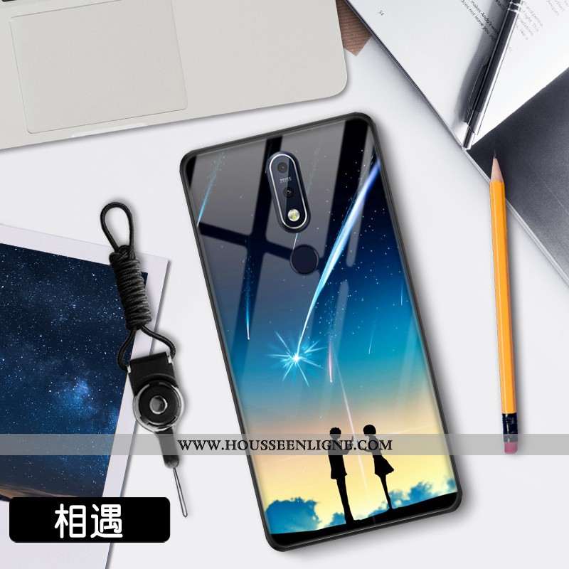 Étui Nokia 7.1 Verre Tendance Clair Téléphone Portable Net Rouge Protection Bleu