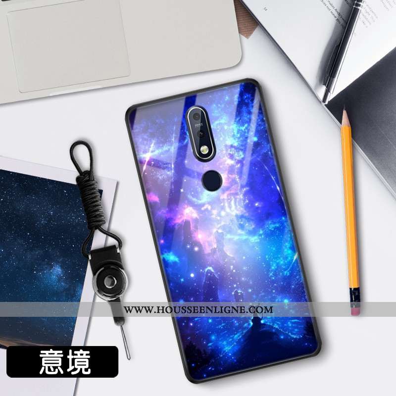 Étui Nokia 7.1 Verre Tendance Clair Téléphone Portable Net Rouge Protection Bleu