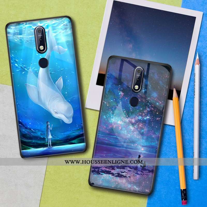 Étui Nokia 7.1 Verre Tendance Clair Téléphone Portable Net Rouge Protection Bleu