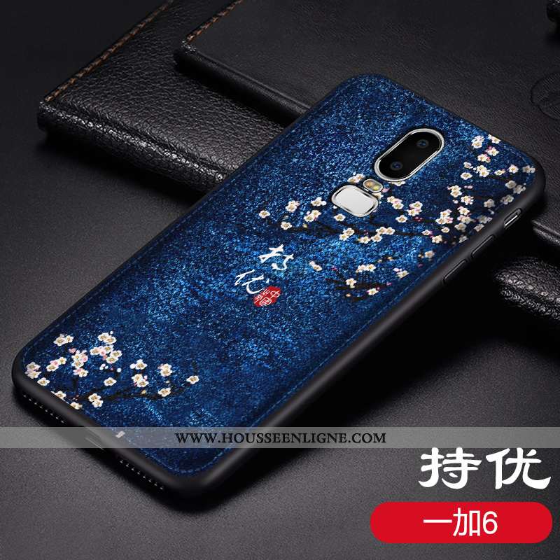 Étui Oneplus 6 Vintage Cuir Net Rouge Coque Modèle Fleurie Personnalité Bleu Foncé