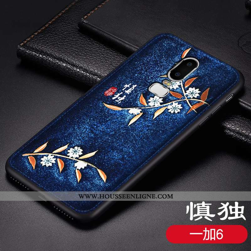 Étui Oneplus 6 Vintage Cuir Net Rouge Coque Modèle Fleurie Personnalité Bleu Foncé