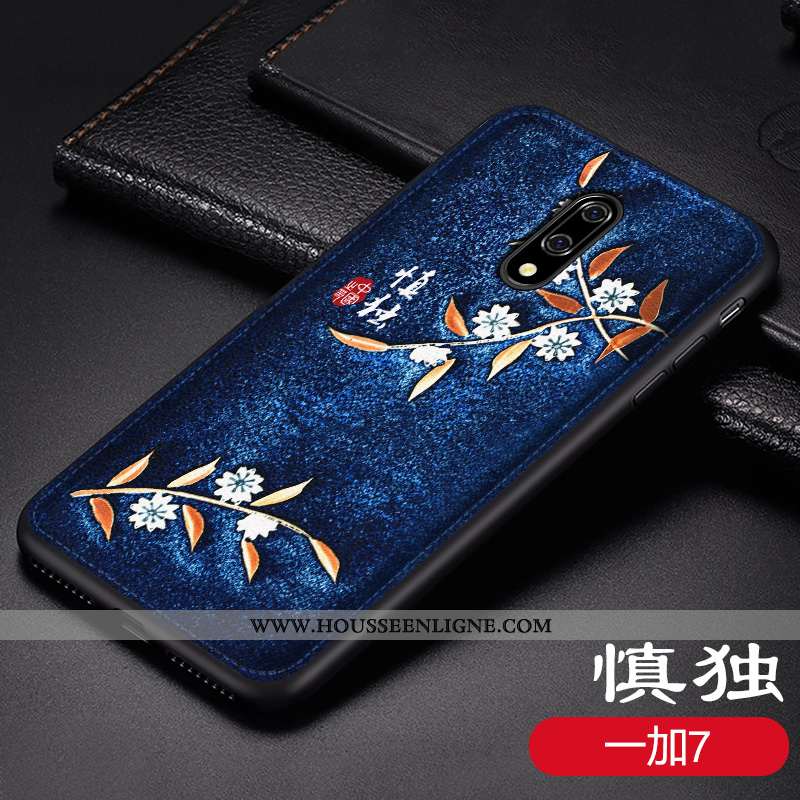 Étui Oneplus 6 Vintage Cuir Net Rouge Coque Modèle Fleurie Personnalité Bleu Foncé