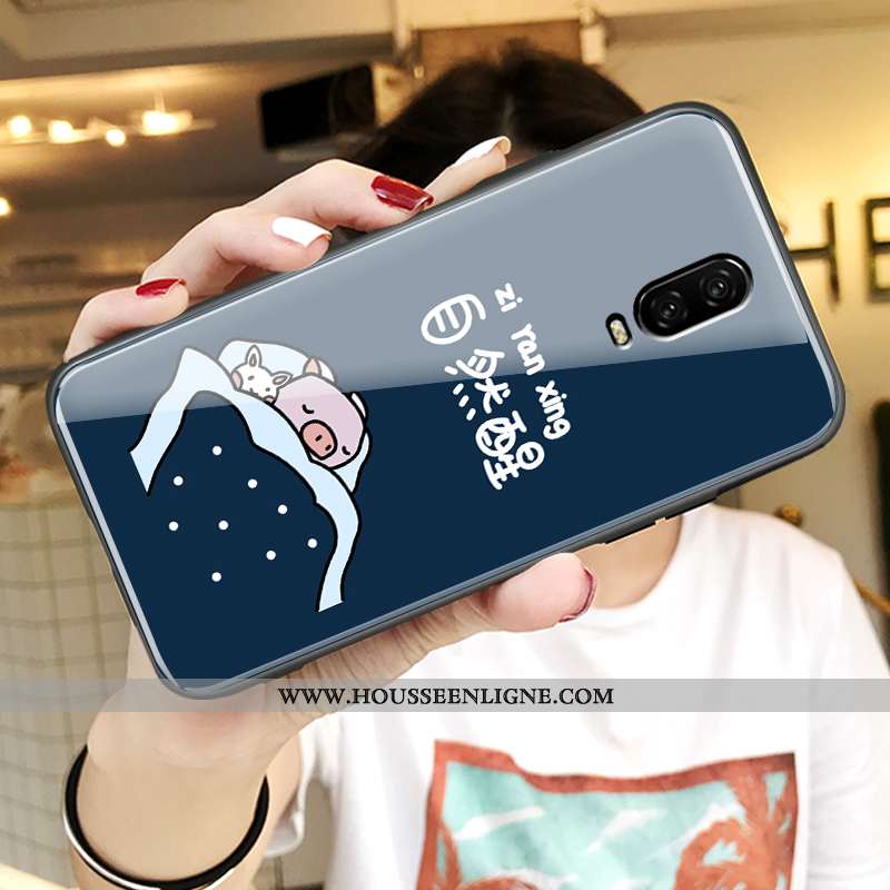 Étui Oneplus 6t Dessin Animé Charmant Bleu Coque Miroir Tout Compris Verre