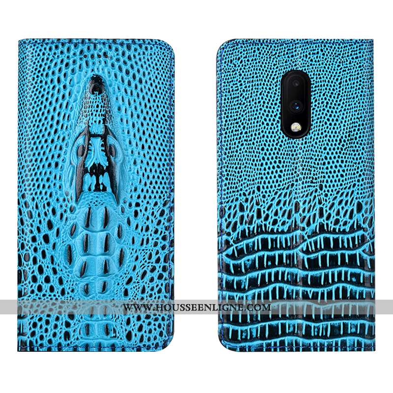 Étui Oneplus 7 Cuir Véritable Cuir Crocodile Coque Incassable Tout Compris Bleu