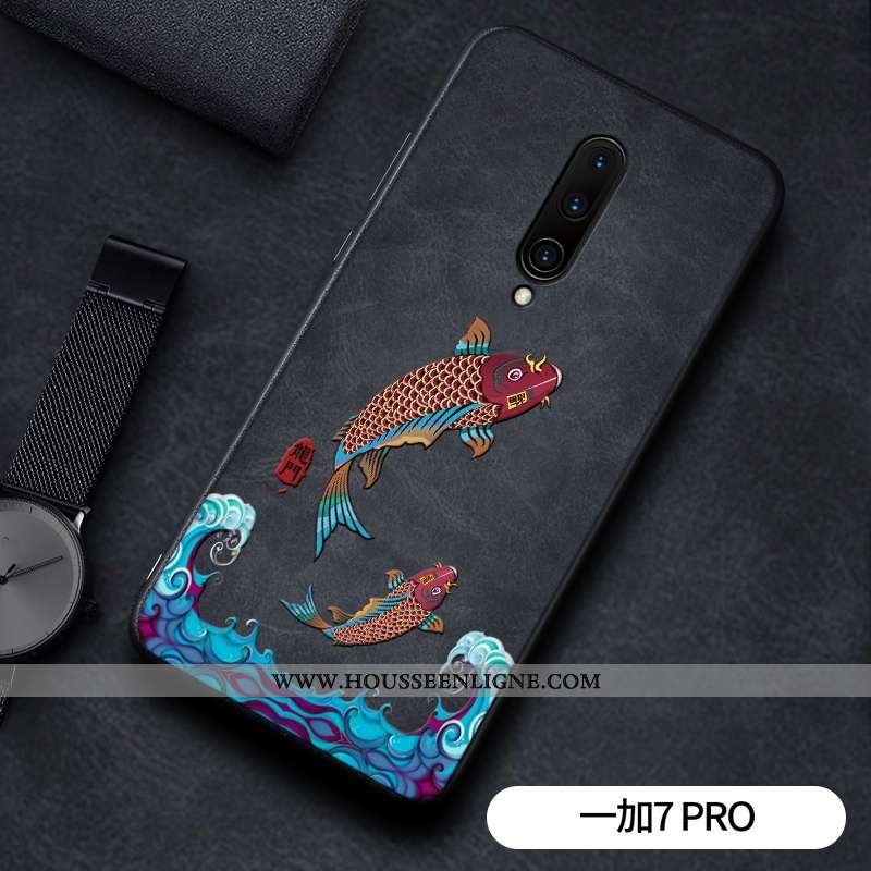 Étui Oneplus 7 Pro Cuir Modèle Fleurie Silicone Business Personnalité Coque Gaufrage Noir
