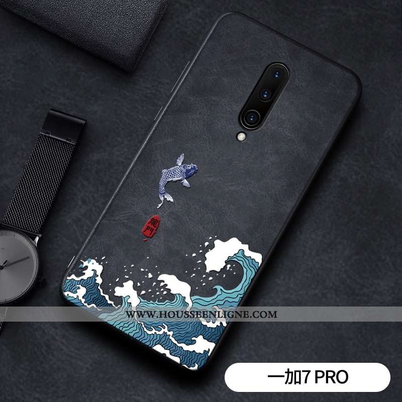 Étui Oneplus 7 Pro Cuir Modèle Fleurie Silicone Business Personnalité Coque Gaufrage Noir