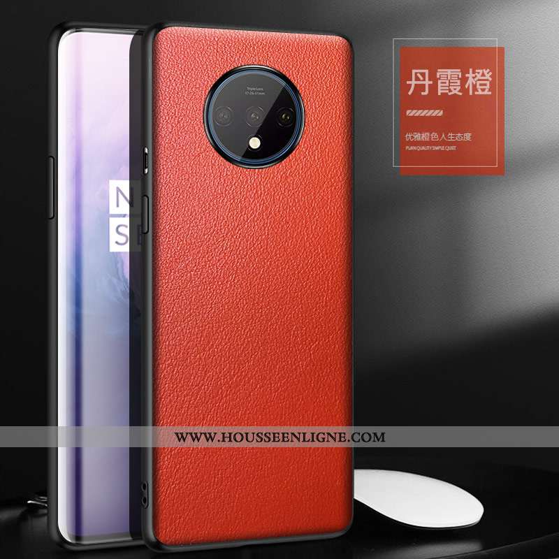Étui Oneplus 7t Créatif Cuir Véritable Incassable Personnalité Luxe Orange Téléphone Portable