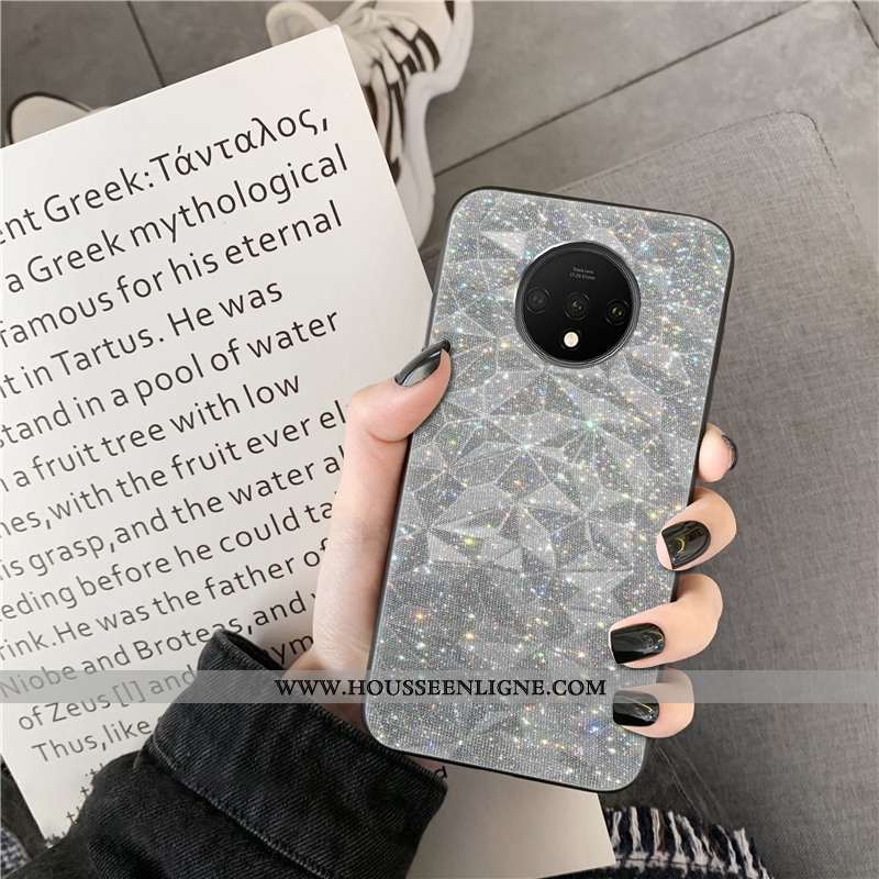 Étui Oneplus 7t Modèle Fleurie Mode Téléphone Portable Net Rouge Coque Losange Gris