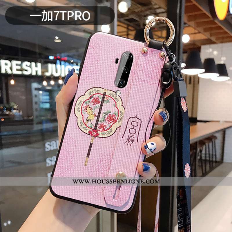 Étui Oneplus 7t Pro Délavé En Daim Ornements Suspendus Support Vintage Style Chinois Gaufrage Protec