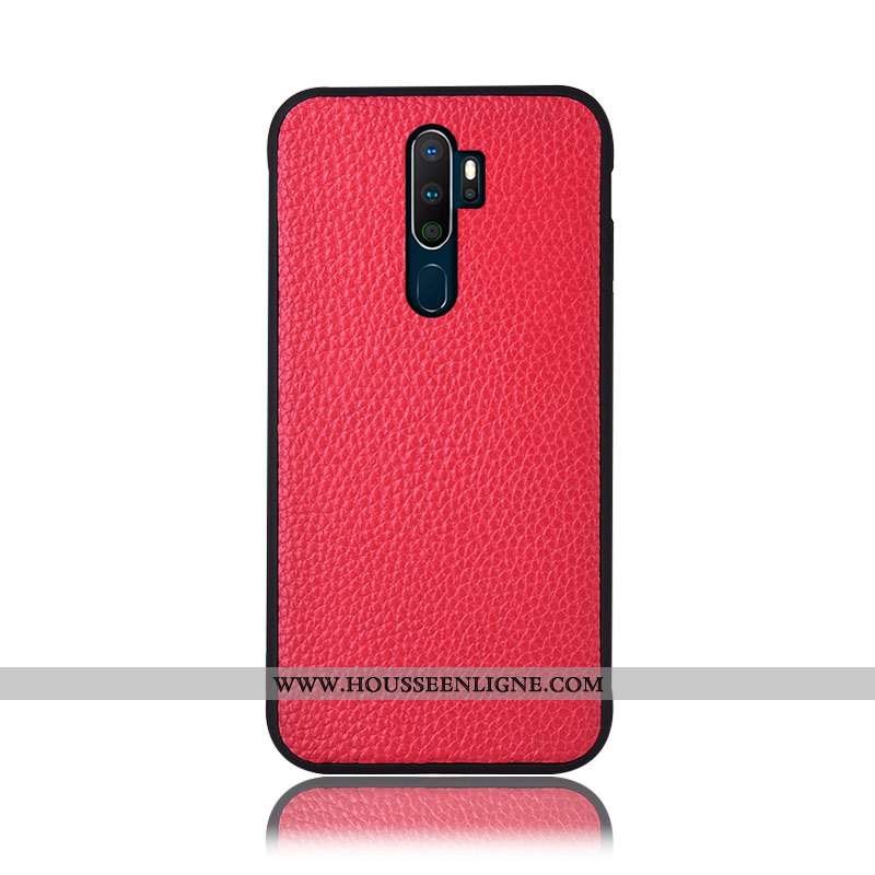 Étui Oppo A5 2020 Cuir Véritable Protection Téléphone Portable Incassable Vin Rouge Litchi Bordeaux