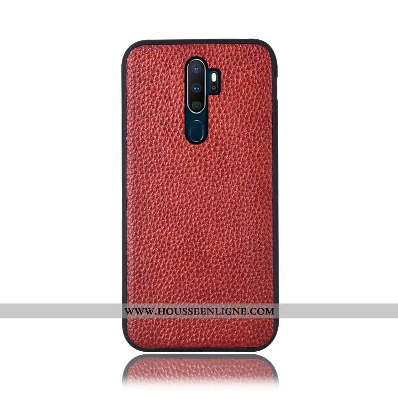 Étui Oppo A5 2020 Cuir Véritable Protection Téléphone Portable Incassable Vin Rouge Litchi Bordeaux